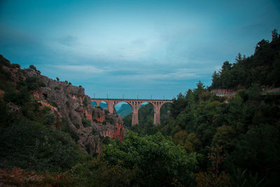 Arch bridge amidst trees against sky