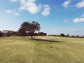 Scenic view of grassy field against cloudy sky