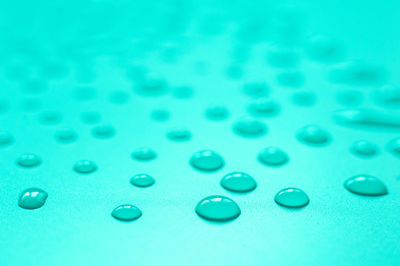 Close-up of water drops on blue surface