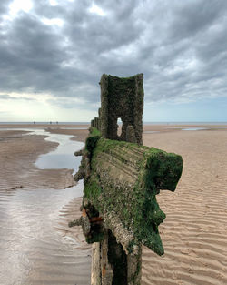 Wooden posts on beach against sky