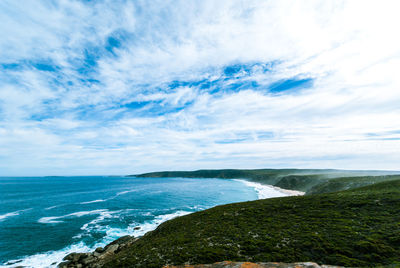 Scenic view of sea against blue sky