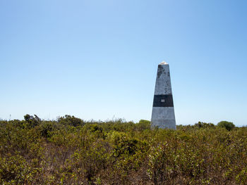 Low angle view of tower against clear blue sky