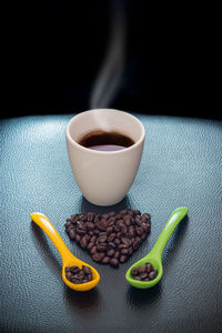 High angle view of coffee cup on table