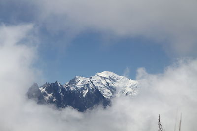 Low angle view of snowcapped mountains against sky