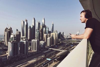 Panoramic view of city skyline against clear sky