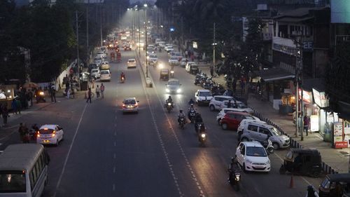 High angle view of cars on road at night