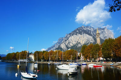 Sailboats moored in river against blue sky