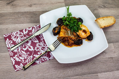 High angle view of food in plate on table