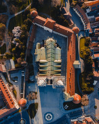 High angle view of illuminated buildings in city