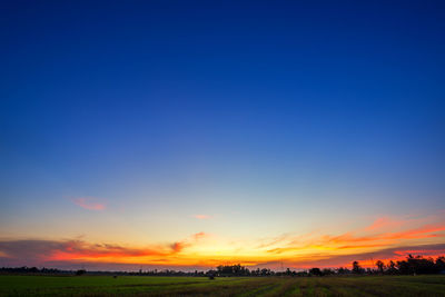 Scenic view of agricultural field against sky during sunset