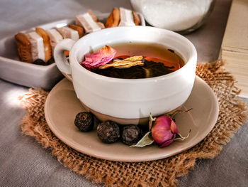 High angle view of food in bowl on table