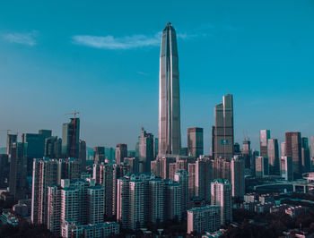 Panoramic view of modern buildings against sky in city