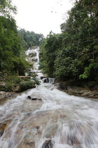 Scenic view of waterfall in forest against sky