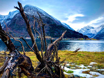 Scenic view of snowcapped mountains and lake against sky