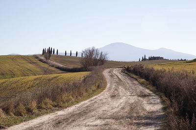 Dirt road amidst field against clear sky
