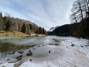 Scenic view of lake against sky during winter