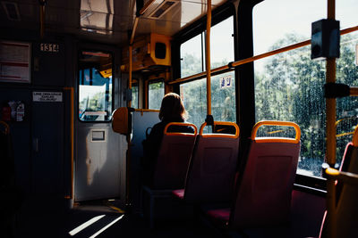 Rear view of man sitting in train