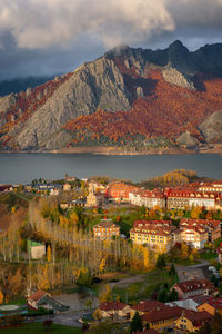 Riano cityscape at sunrise during autumn in picos de europa national park, spain