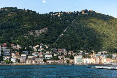 Scenic view of sea by town against sky