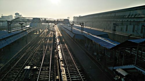 High angle view of railroad tracks against clear sky