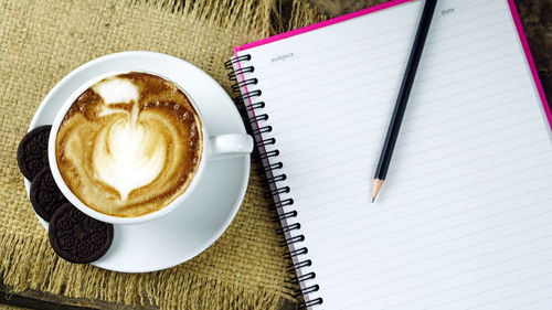 High angle view of coffee on table