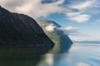 Scenic view of lake by mountains against sky