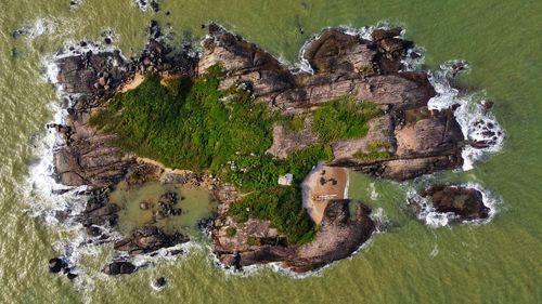 Panoramic view of tree and rocks by lake