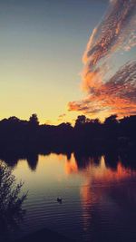 Swans swimming in lake against sky during sunset