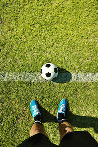 Low section of man standing on grass