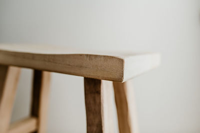 Close-up of wooden sit against white background