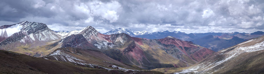 Scenic view of mountains against cloudy sky