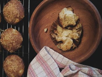 High angle view of breakfast muffins served on table