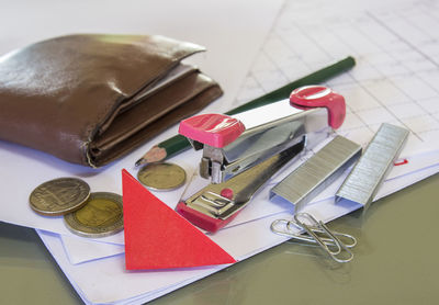 High angle view of pen on table