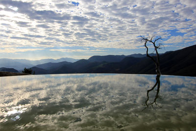 Scenic view of land and mountains against sky