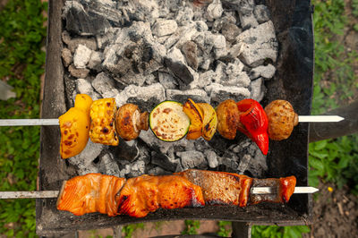 Close-up of meat on barbecue grill