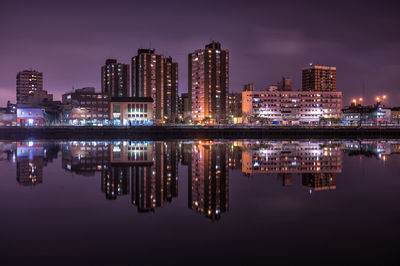 Illuminated buildings by calm river with reflection at night