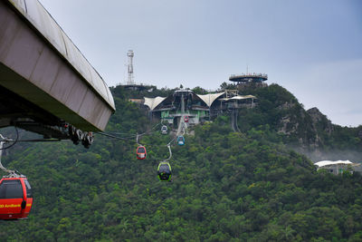 High angle view of overhead cable cars against sky