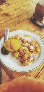 High angle view of breakfast in plate on table