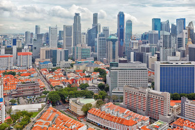 Aerial view of buildings in city against sky