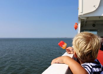 Rear view of woman sitting by sea against clear sky