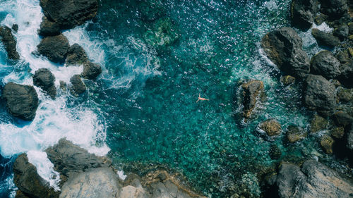 High angle view of rocks and sea