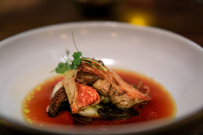 Close-up of soup in bowl on table