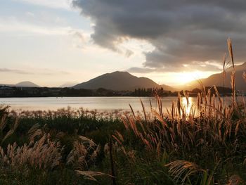 Scenic view of lake against cloudy sky