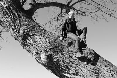 Low angle view of woman sitting on tree against sky