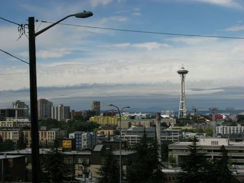 View of cityscape against cloudy sky