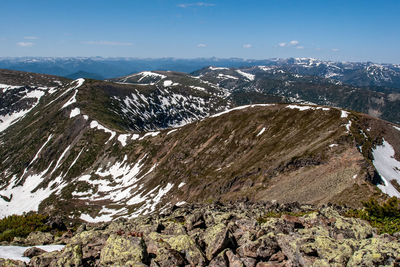 Aerial view of snowcapped mountains against sky