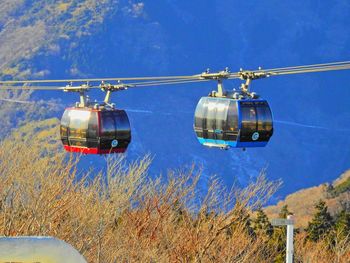 Overhead cable car against blue sky