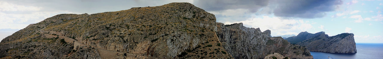 Panoramic view of rocks and sea against sky