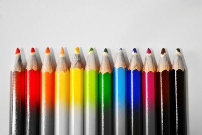 Close-up of colored pencils against white background