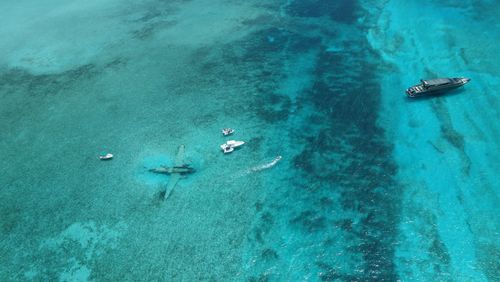 Aerial view of wreckage of cargo aircraft at norman cay bahamas 